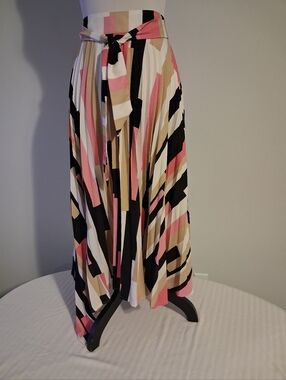 Striped Maxi Skirt with Waist Tie - Pink, Black, White And Tan